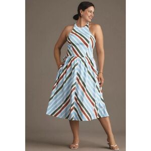 NWT Anthropologie Maeve Halter Midi Sundress Size Large Neutral Striped Motif